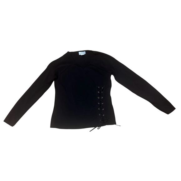 Carmen Marc Valvo Womens Medium Black Top V-neck Grommet Faux Wrap - Picture 2 of 6